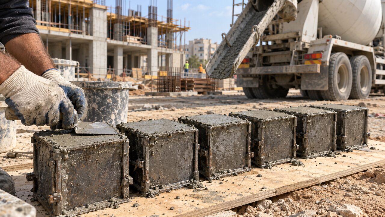 קוביות בטון לבדיקת מעבדה על משטח באתר בנייה, ליד מערבל